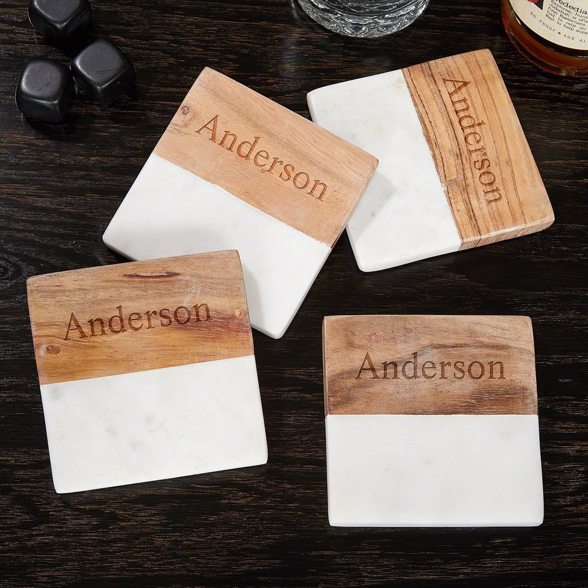 Personalized Marble and Wood Square Drink Coasters