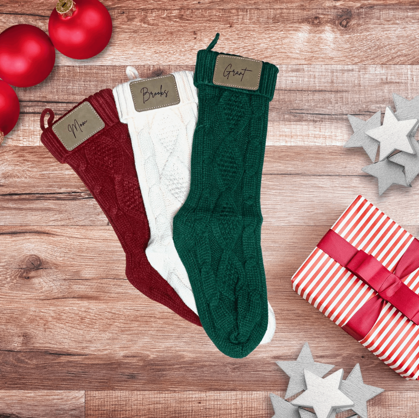 Personalized Knit Christmas Stockings with Leather Name Tag | Knitted Christmas Stocking | Personalized Christmas Gifts