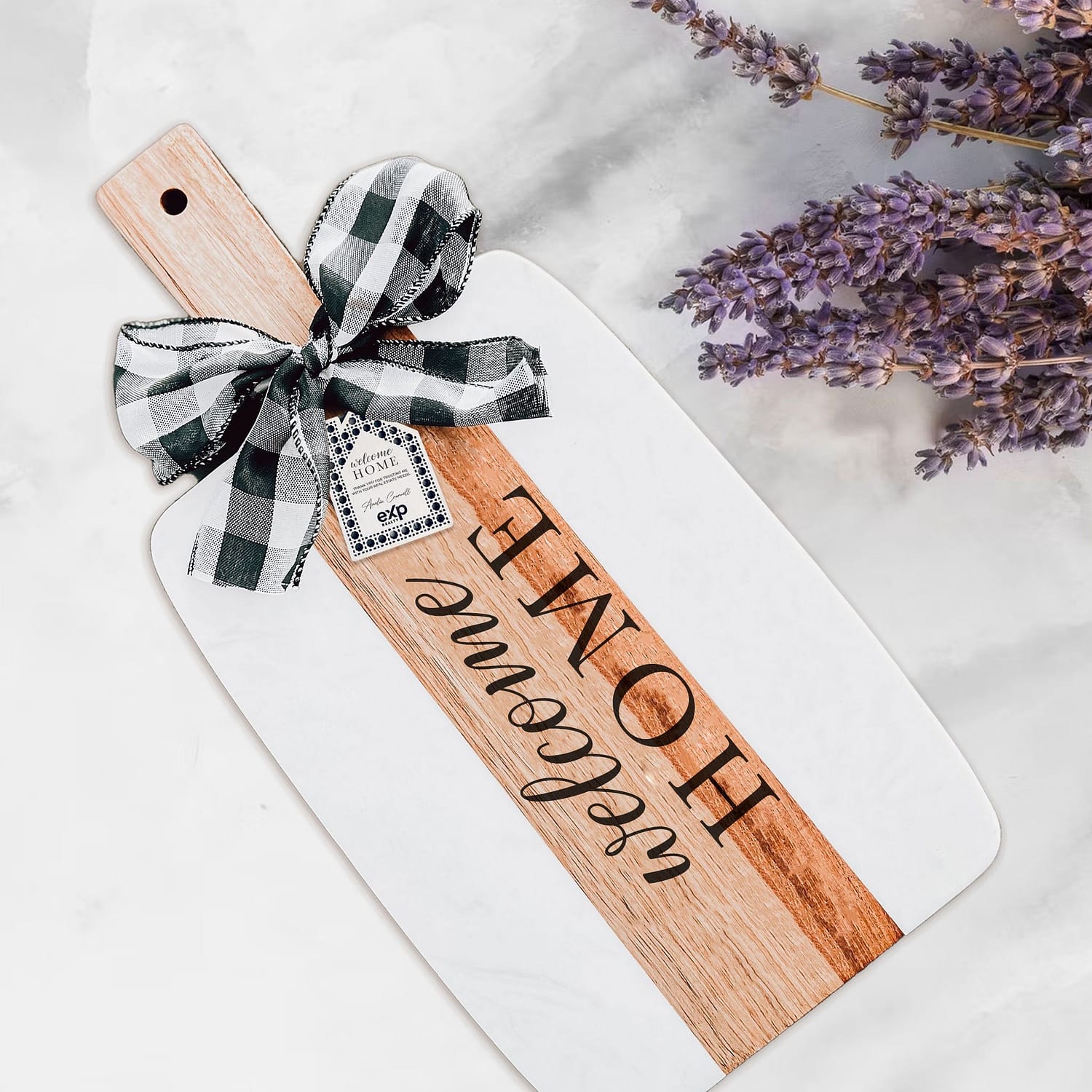WELCOME HOME MARBLE + ACACIA WOOD SERVING / CHARCUTERIE BOARD | REAL ESTATE GIFT | REALTOR GIFT