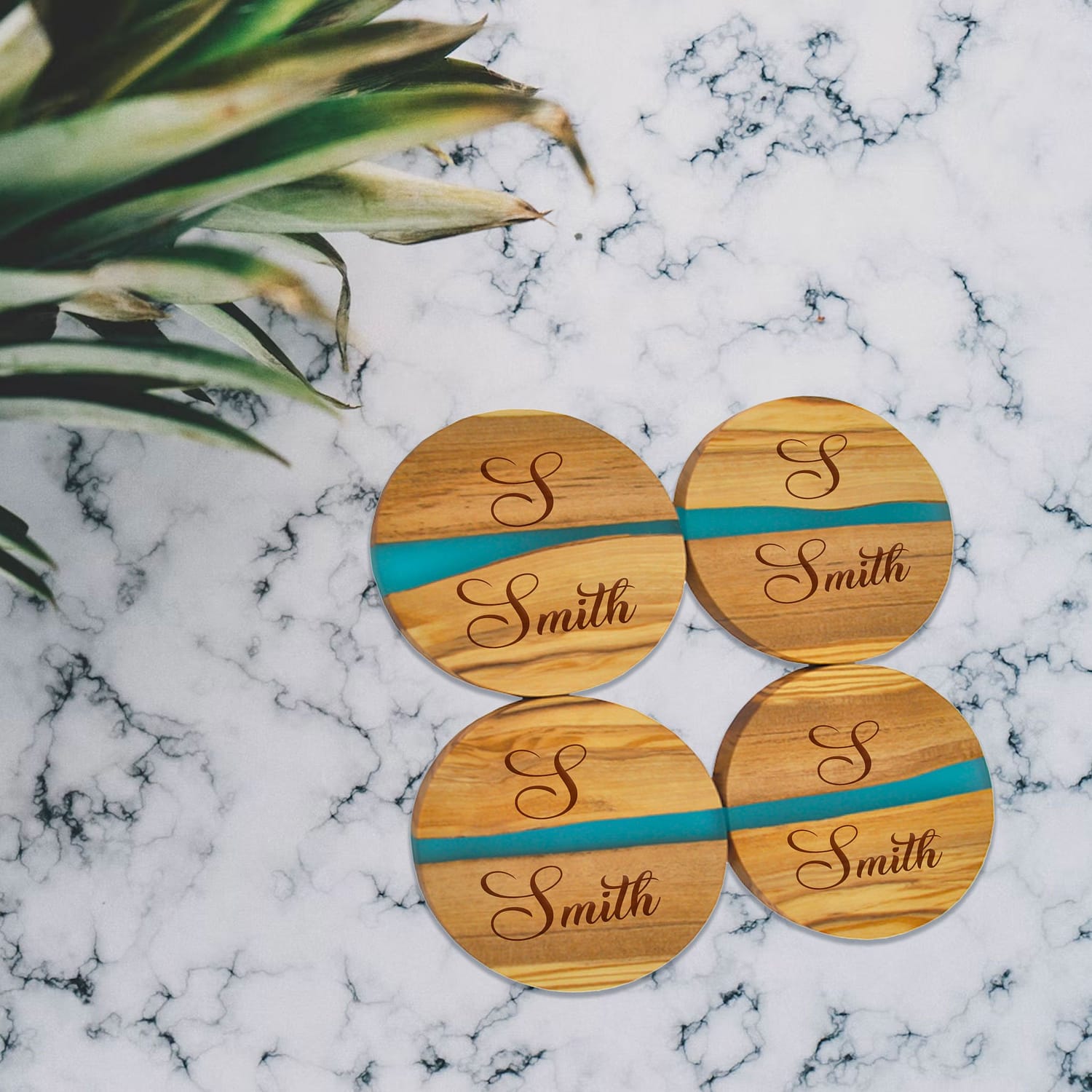 Custom Olive Wood Round Coasters with River of Resin
